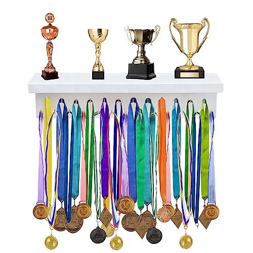 DSVENROLY Medal Holder Display Trophy Shelf Organizer,Sturdy Wooden Medal Trophy Hanger Rack with 25 Steel Hooks, Wall Mount Medal Hanger for Race Medals Trophies Easy to Install(Brown)