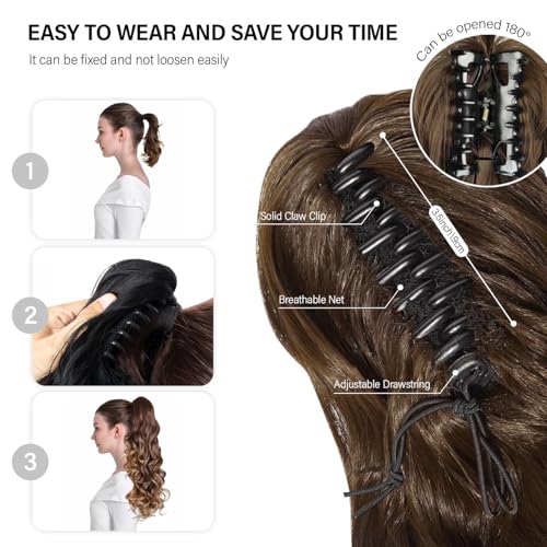 24 Inch Ponytail Extension, Clip on Ponytails for Women, Long Curly Wavy Ponytail Extensions for Women, Synthetic Layered Pony Tails Hair Extensions (Color: Chestnut Brown With Golden Highlights)