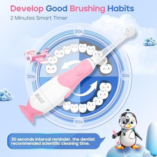 SEAGO Toddler Electric Toothbrushes for Baby Ages 0-3 Years, Baby Toothbrush with Smart Timer and Suction Base, 4 Replacement Brush Heads SG-513(Pink-C)