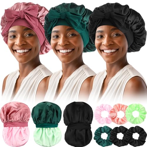 9 Pcs Satin Bonnet Set Include 3 Pcs Silk Bonnets for Sleeping and 6 Pcs Hair Scrunchies Satin Bonnet for Women Double Layer Hair Bonnets Silk Sleeping Cap Elastic Tie Band Cap(Dark)