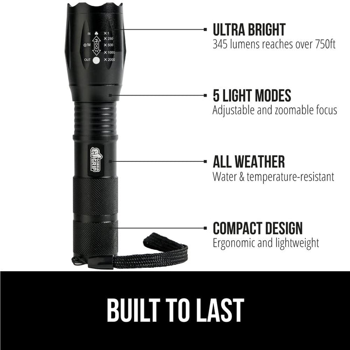 Gorilla Grip Powerful LED 750 FT Water Resistant 5 Adjustable Mode Tactical Flashlight, High Lumens Ultra Bright Battery Life Zoom Flashlights, Small Camping Car Mini Flash Light Accessories, Black