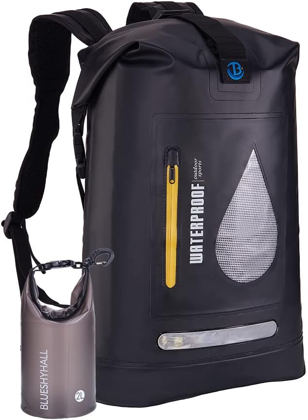 Blueshyhall 20L Waterproof Dry Backpack, Outdoor Travel Roll Top Closure Water Repellent Duffle Storage Sack for Kayaking Rafting Boating Fishing Camping and Beach - Black