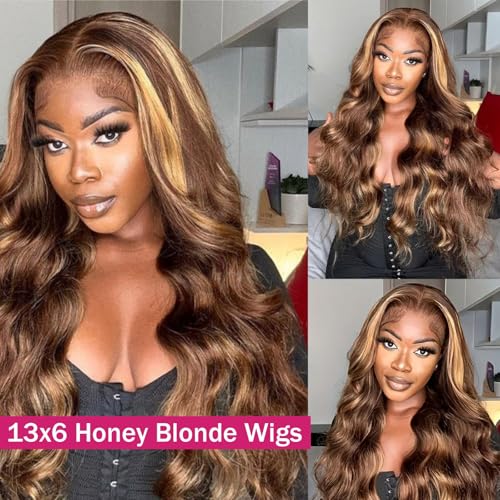 30 Inch 13x6 Lace Front Wigs Human Hair Honey Blonde Body Wave HD Lace Front Wigs 200 Density Ombre Highlight Human Hair Wig Pre Plucked with Baby Hair P4/27 Colored Lace Front Wigs for Women
