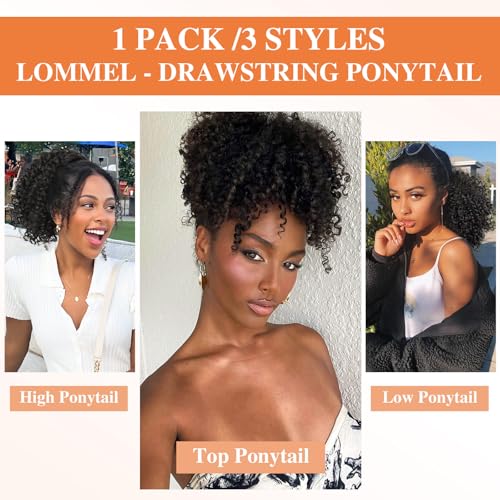 Lommel Ponytail Extension for Black Women,10 Inch Drawstring Ponytail for Black Women Curly Pony Tails Hair Extensions for Womens Afro Kinky Curly Hair Pieces for Daily Use(Brown Black)