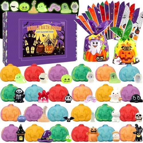 24pcs Halloween Bath Bombs with Toys Inside for Kids Pumpkin Bubble Bath Bombs for Halloween Treats Party Favors with 12pcs Treat Bags
