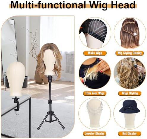 PWEOUKE 22 Inch Canvas Wig Head with Stand for Wigs ,Height Adjustable Wig Stand Tripod with Canvas Block Wig Head,Manikin Head Block Set for Cosmetology with Wig Stand and Storage Bag 22 Inch