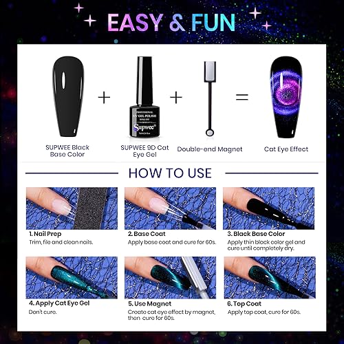 Cat Eye Gel Nail Polish Set - 12 Colors 9D Magnetic Nail Polish Gel Galaxy Cateye Nail Gel Polish with 1 Black Gel and Magnetic Lamp Cure Required Home Manicure DIY Nail Art