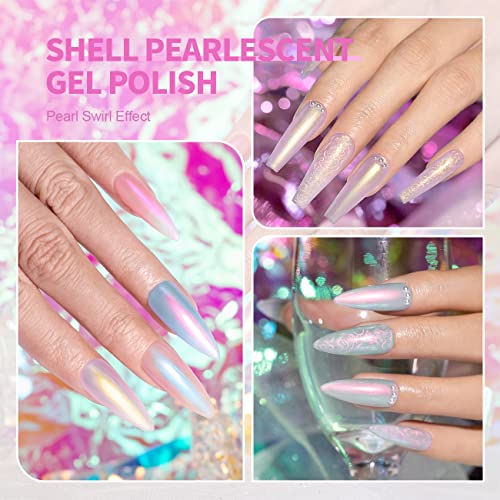 RARJSM Pearl Gel Nail Polish Glitter Pearlescent Shell Gel Polish Pink Beige Pearl Blue Green Purple Shimmer Mermaid Swirl Thread Effect Nailgel Soak Off Curing Requires DIY Manicure Use
