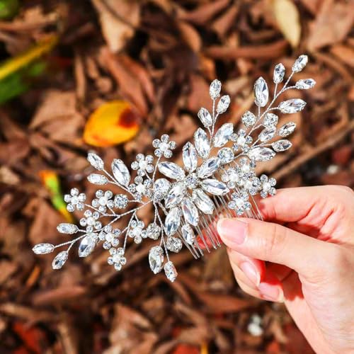 Catery Crystal Bridal Hair Combs Rhinestones Hairpieces Flower Wedding Clips Accessories for Brides and Women Pack of 1(Silver)