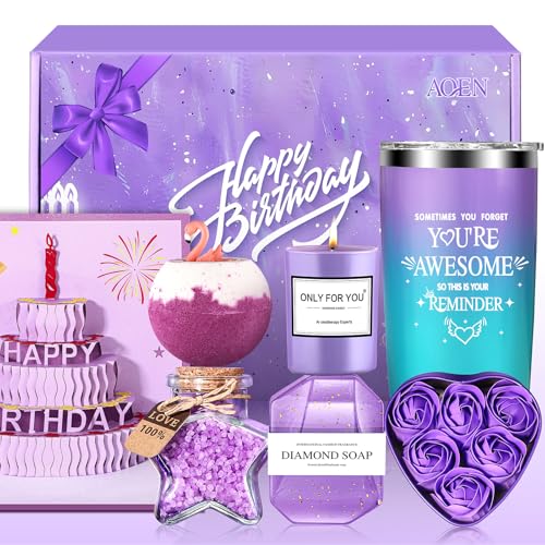 Birthday Gifts for Women Friendship, Aoen Unique Happy Birthday Gifts for Best Friends Women, Mom, Sister, Wife, Coworker, 7P Purple Self Care Spa Gifts Baskets for Christmas, Valentines, Mothers Day