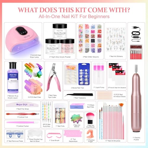 Acrylic Nail Kit Starter Set Acrylic Powder with Nail Drill U V Light Professional Tools with Decoration Everything for Beginners Home Salon Gifts (Clear/White/Nude)