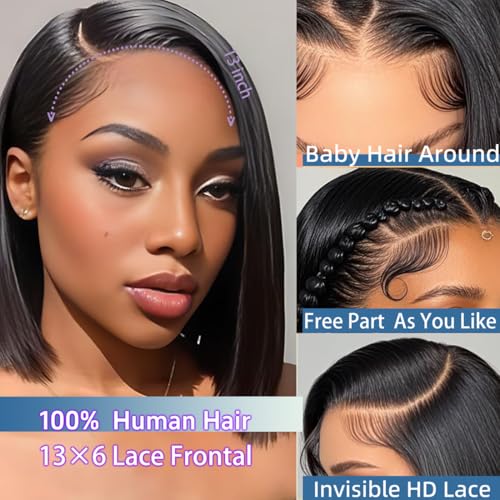 Bob Wig Human Hair 13x6 Hd Lace Front Human Hair Wigs For Black Women Glueless Lace Front Wigs Pre Plucked Pre Cut 180% Density Black Short Straight Bob Wig 10 Inch
