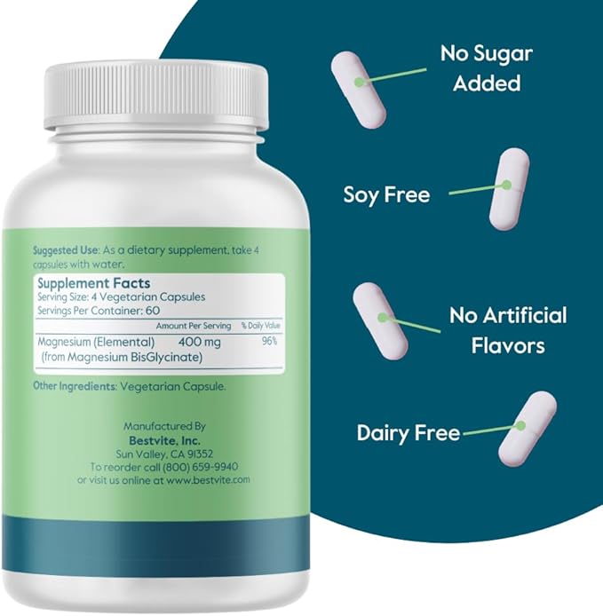 BESTVITE Magnesium Glycinate - 400mg of Magnesium per Serving (240 Vegetarian Capsules) - No Stearates - No Silicon Dioxide - Vegan - Non GMO - Gluten Free