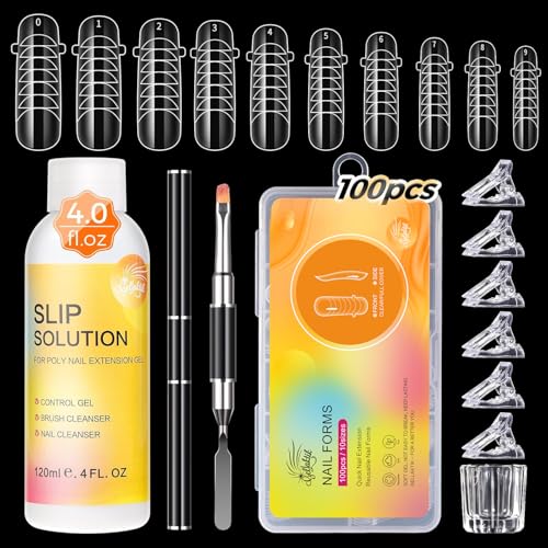 100Pcs Nail Forms Kit, 10 Sizes Reusable Dual nail Forms for Poly Gel & Builder Gel, 120ml Slip Solution Liquid, 6 Clips, Dual-Ended Brush, Nail Art Cup, DIY Pedicure Kit for Beginners