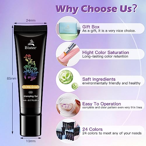 Biutee Nail Stamping Polish Gel 24 Colors 5ML UV LED Stamping Gel Nail Polish Special Printed for Nail Stamp Plate Stamper