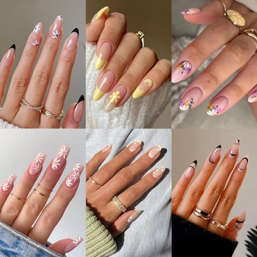 6 Packs (144 Pcs) Press on Nails Medium, Jsiallye Press on Nails Ballet with Daisy, Flower Press on Nails Almond, Glue on Nail in 12 Sizes - 24 Fake Nails Kit, Stick on Nails for Women