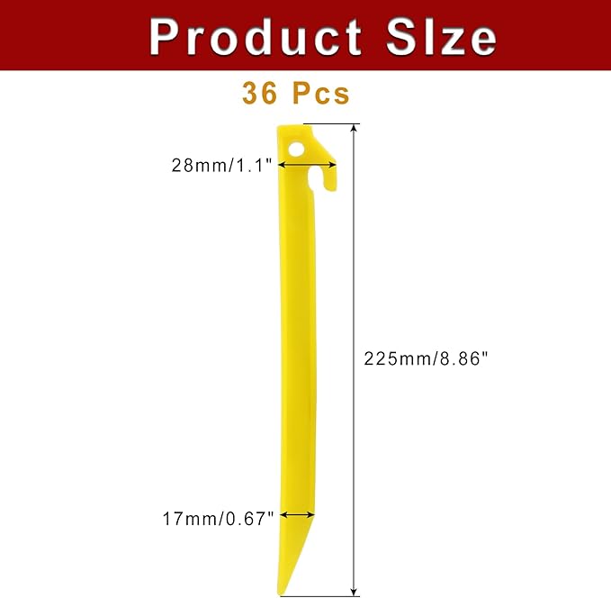 36 Pcs Plastic Tent Stakes, 9 Inch Heavy Duty Plastic Camping Stakes Tent Pegs for Sand, Beach, Woods, Yellow