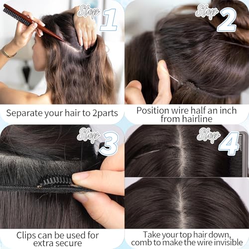 KooKaStyle Invisible Wire Hair Extensions 20‘’ Long Wavy Layered Synthetic Clip in Hair Extensions with Transparent Wire Adjustable Size 6 Secure Clips Dark Brown Thick Hairpieces for Women 20 Inch