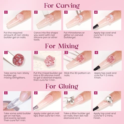 MIZHSE Solid Builder Gel for nails, 3 Colors Sculpting Gel for Nails, Clear White Pink Non-Sticky Hand 3D Nail Art Building Carving Modeling Hard Nail Extension Manicure Salon Home DIY Gift