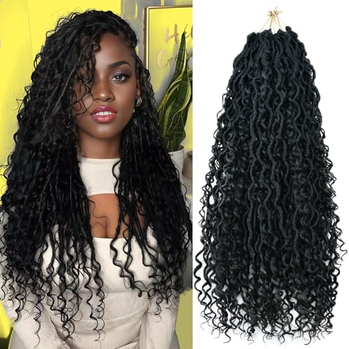 8 Packs Goddess Locs Crochet Hair for Black Women 18 Inch, Pre-looped Faux Locs with Curly Ends Long River Crochet Hair for Black Women Hair Extensions(1B,18 Inch)
