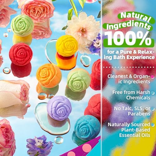 30 Rose-Shaped Bath Bombs – Handmade with Natural Ingredients, 6 Calming Scents, Relaxing Spa Gifts for Women, Men, Teens & Kids – Self Care Gifts for Summer & Birthdays