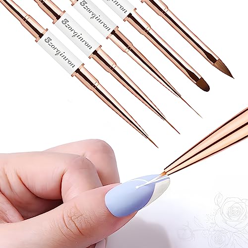 Nail Art Bushes Set, Professional 5Pcs Double-Ended Nail Brush Kit for Details, Long Lines, Ombre & 3D Design-Perfect for DIY Manicures & Salons (White)