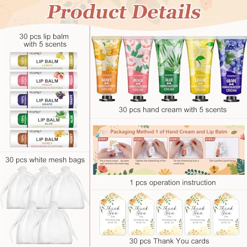 30 Sets Bulk Hand Lotion and Bulk Lip Balm Gifts, Bridal Shower Favors, Bridesmaid Gifts and Wedding Favors for Guests with Thank You Card and Organza Bags, Employee Appreciation Gifts, Birthday Gifts