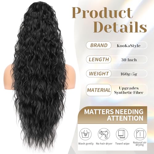 KooKaStyle Ponytail Extension 30 Inch Drawstring Pony Tails Hair Extensions for Women Long Curly Ponytail Synthetic Hairpieces for Daily Use（Black-1B）