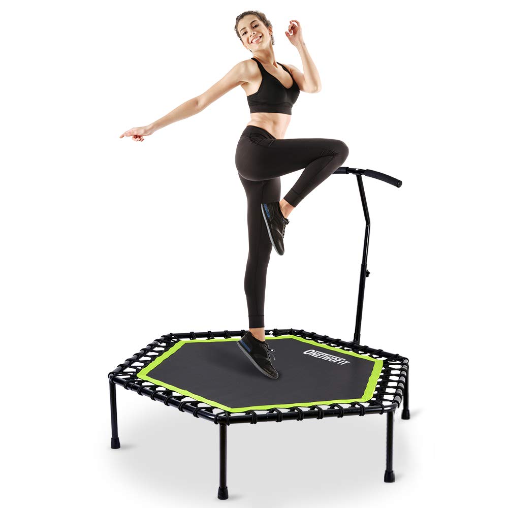 ONETWOFIT 48" Silent Mini Trampoline with Adjustable Handle Bar Fitness Trampoline Bungee Rebounder Jumping Cardio Trainer Workout for Adults