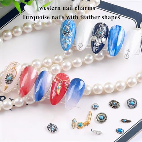 50 PCS Metal Turquoise Nail Charms - Western Cowboy Nail Art Decorations, 3D Nail Gems for DIY Manicure, Mixed Shapes Nail Accessories for Gel Acrylic Nails (Blue)