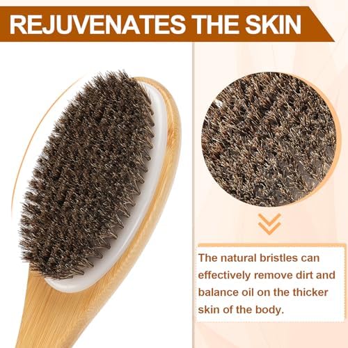 Exfoliating Back Scrubber for Shower with Curved Long Handle, 16.7 Inches Bamboo Body Brush with Natural Bristles for Wet or Dry Brushing, Body Exfoliator Back Washer Bath Tool for Men & Women
