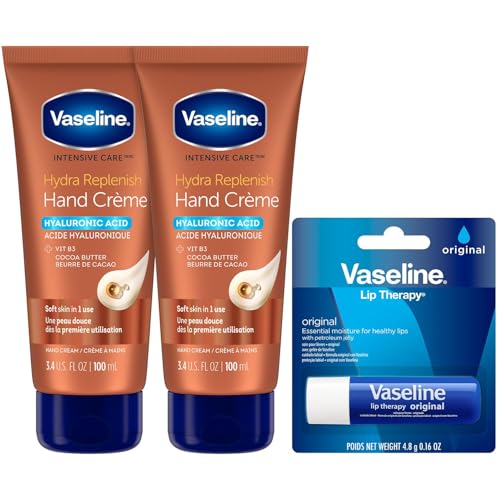 Vaseline Hand Cream 2-Pack – Hydra Replenish Crème with Hyaluronic Acid, Niacinamide & Cocoa Butter for Soft Skin + Cocoa Butter Lip Therapy Tube with Petroleum Jelly