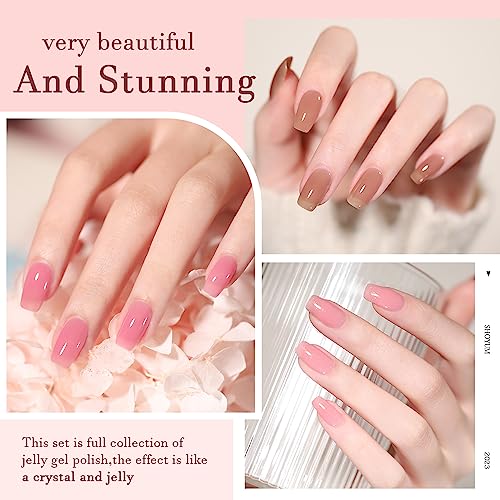 24 Pcs Jelly Nude Gel Nail Polish Set, Sheer Pink Colors Gel Polish Kit with Glossy & Matte Top Coat and Base Coat for Nail Art DIY Manicure and Pedicure at Home