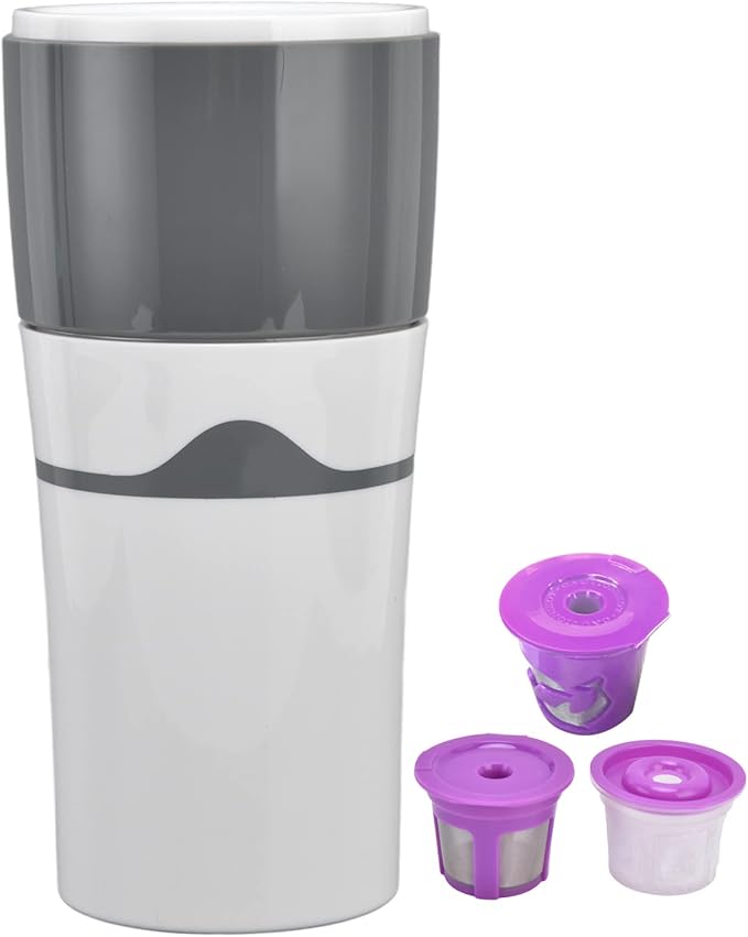 450ml Portable Drip Coffee Travel Mug, Side Leakage Proof Sharing Cup Lid Drip Coffee Machine with 3 Capsules for K Cup Capsules (Grey and White)