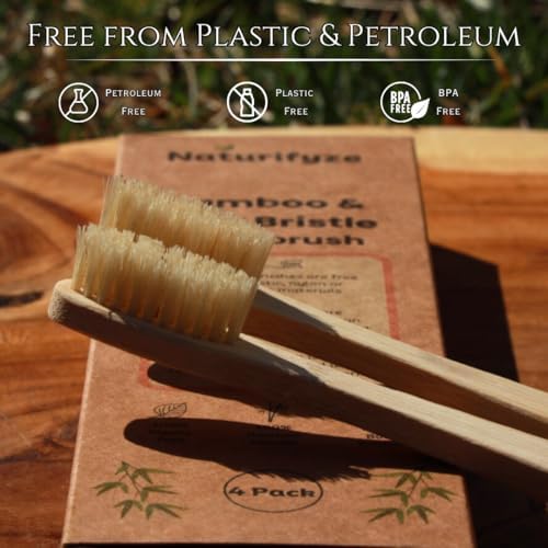 Boar Bristle & Bamboo Toothbrush (4 Pack) - Authentic Boar Bristles - Biodegradable - Plastic Free - Bamboo & Boar Bristle
