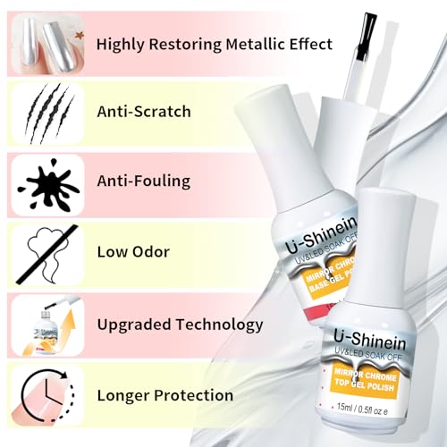 15ml Top Coat and Base Coat Set for Metallic Mirror Painting Gel, No Wipe Clear Top and Base Coat for Nail Polish, Chrome Nail Powder