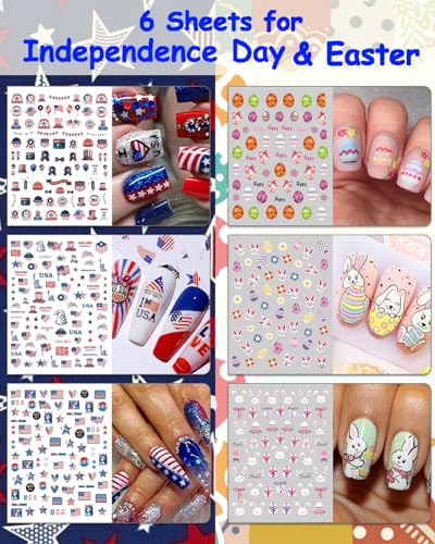 30 Sheets 7 Holiday Nail Art Stickers, Mixed Season Nail Decals Set for All Year, 3D Self-Adhesive Pegatinas Uñas Easter 4th of July Halloween Thanksgiving Christmas Valentine's St. Patrick's Day