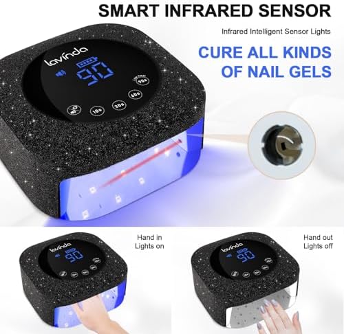 Lavinda 54W UV Nail Lamp, UV Light for Gel Nails, Cordless Rechargeable UV LED Nail Lamp Nail Light with 4 Timer and LCD Display, Professional Fast Curing Lamp Nail Dryer with Black Rhinestone