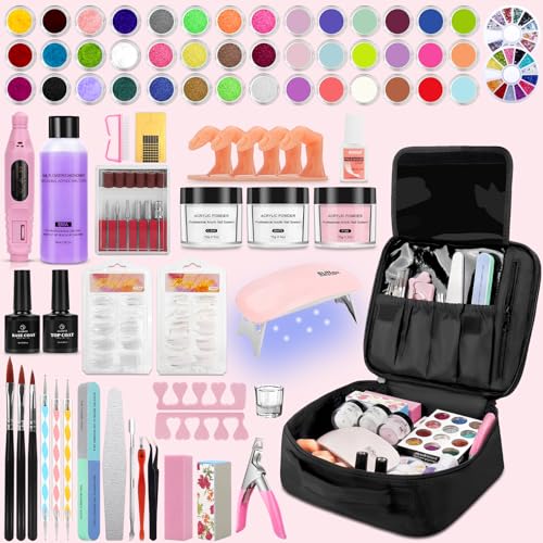 42 Colors Acrylic Nails Kit with Drill and UV Light - Acrylic Nail Powder, Glitter and Monomer Liquid Kit with Storage Bag, 5PCS Practice Fingers