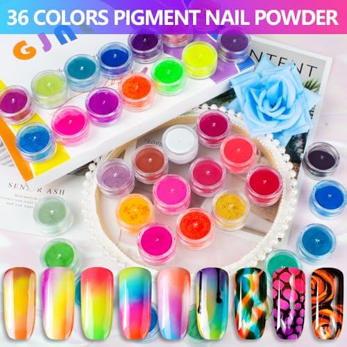 Neon Pigment Powder for Nails Eyeshadow - 36 Colors Fluorescent Neon Rainbow Smoke Nails, 3D Nail Art Pigment Powder for Acrylic Nails, Halloween Neon Makeup Pigment Eyeshadow Liner