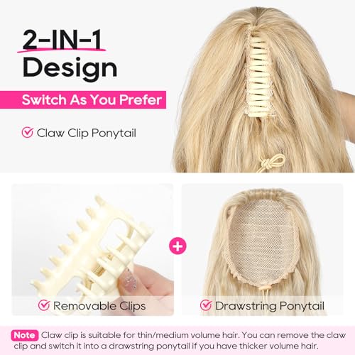 REECHO Ponytail Extension, 24" Claw Clip in Ponytail Extensions Long Curly Wavy Ponytail Hair Extension Jaw Clip on Pony Tails Hairpiece for Women - Medium Blonde with Blonde Highlights