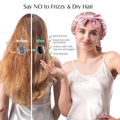 YFONG 22 Momme 100% Mulberry Silk Bonnet for Sleeping Women Long Hair, Double-Layered Silk Hair Bonnet with Elastic Tie Band, Extra Long Sleep Cap for Braids Curly Hair Care, 1Pc, Pink