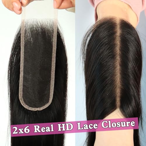 2x6 Skinlike Real HD Lace Closure Deep Parting Straight Human Hair, 0.095mm Ultra-thin HD Lace, Tiny Knots, Brazilian Virgin Hair Closure, Pre-plucked with Natural Hairline, 12inch