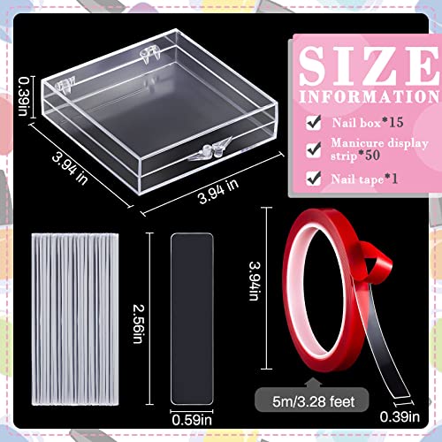 66 Pcs Artificial Nail Storage Box and Nail Art Display Stand Holder Set, 15 Plastic False Nail Packaging Boxes 50 Clear Press on Nail Stand with 5 M Double Sided Tape for Acrylic Nails Practice Salon