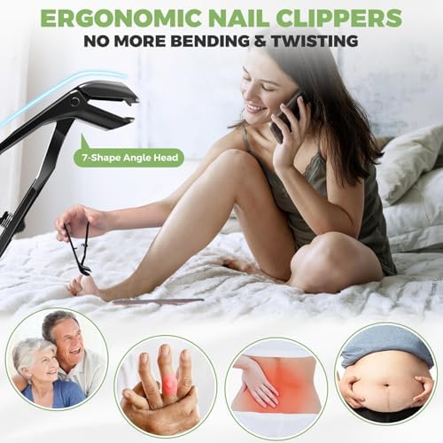 Toenail Clippers for Seniors Thick Toenails, Angled Head Large Toe Nail Clippers for Thick Nails for Men, Heavy Duty Ingrown Toenail Clippers with Wide Jaw, 360° Rotating Nail Clipper with Long Hande