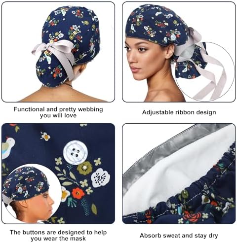 6 Pcs Satin Lined Scrub Caps Women Nurse Surgical Hat with Buttons Ponytail Working Adjustable Pouch Tie Back