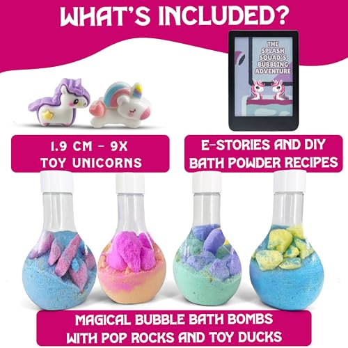Kids Bath Bombs Powder with 12 Mini Unicorn Toys Inside – Bubble Potions for Kids with Natural Essential Oils – Bubble Bath Magic Science Kit - Blast of Fizzy Foamy & Eruption Colors – Gift Set of 4