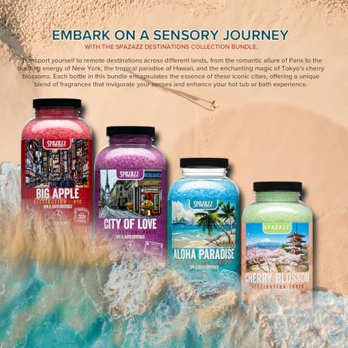 Hot Tub & Spa Aromatherapy Bath Salt Crystal Scents Spazazz Destinations Collection Bundle Aloha Paradise, Big Apple, City of Love, Cherry Blossom - Skin Moisturizer - Will Not Damage Spas & Hot Tubs
