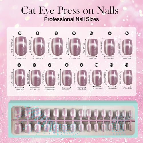 Vansiho 300Pcs Cat Eye Press on Nails, Glossy Glitter Cat Eye Designs Nail Tips for Women, Short Square Soft Gel Fake Nails, for Women and Girls Glossy Reusable Nail Tips in 15 Sizes