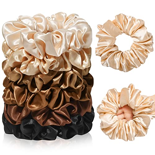 CEELGON Large Silk Satin Scrunchies for Women Big Scrunchies Jumbo Satin Hair Ties Oversized Hair Scrunchies for Thick Curly Hair Pack of 6 (Black,Champagne,Brown,Gold)